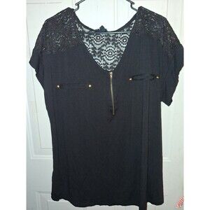 Flower & Feather Women's 3XL Black Lace Short Sleeve Top Gold Zip Plus Size...